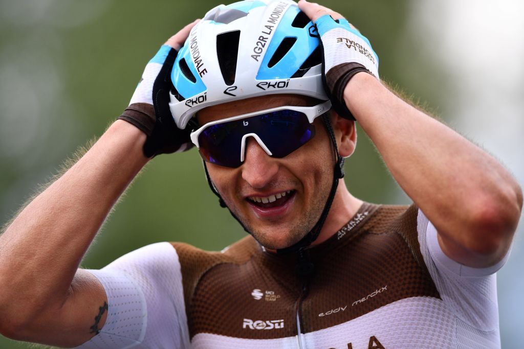 Stage winner Team AG2R La Mondiale rider Frances Nans Peters celebrates as he crosses the finish line at the end of the 8th stage of the 107th edition of the Tour de France cycling race 140 km between CazeressurGaronne and Loudenvielle on September 5 2020 Photo by Stuart Franklin POOL AFP Photo by STUART FRANKLINPOOLAFP via Getty Images