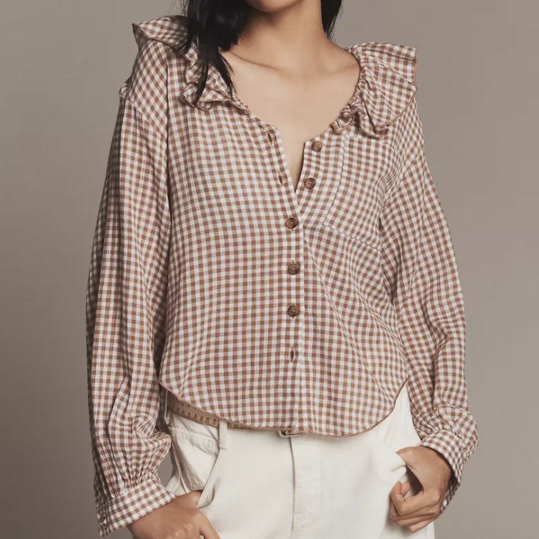 Anthropologie, Pilcro 3/4 Sleeve Ruffle Collar Buttondown Shirt
