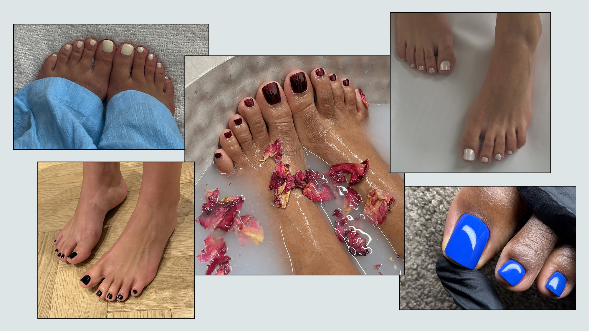 Photo collage of on-trend pedicure colors for 2026