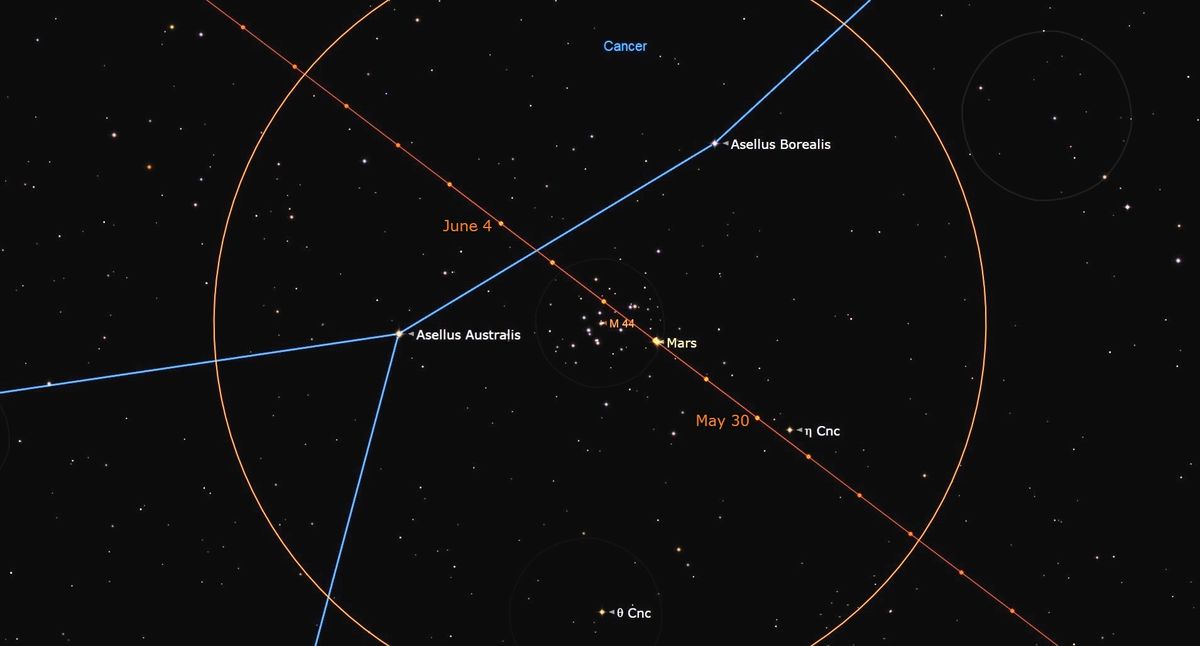 An illustration of the night sky on June 1 and 2 showing Mars near M44, the Beehive Cluster.