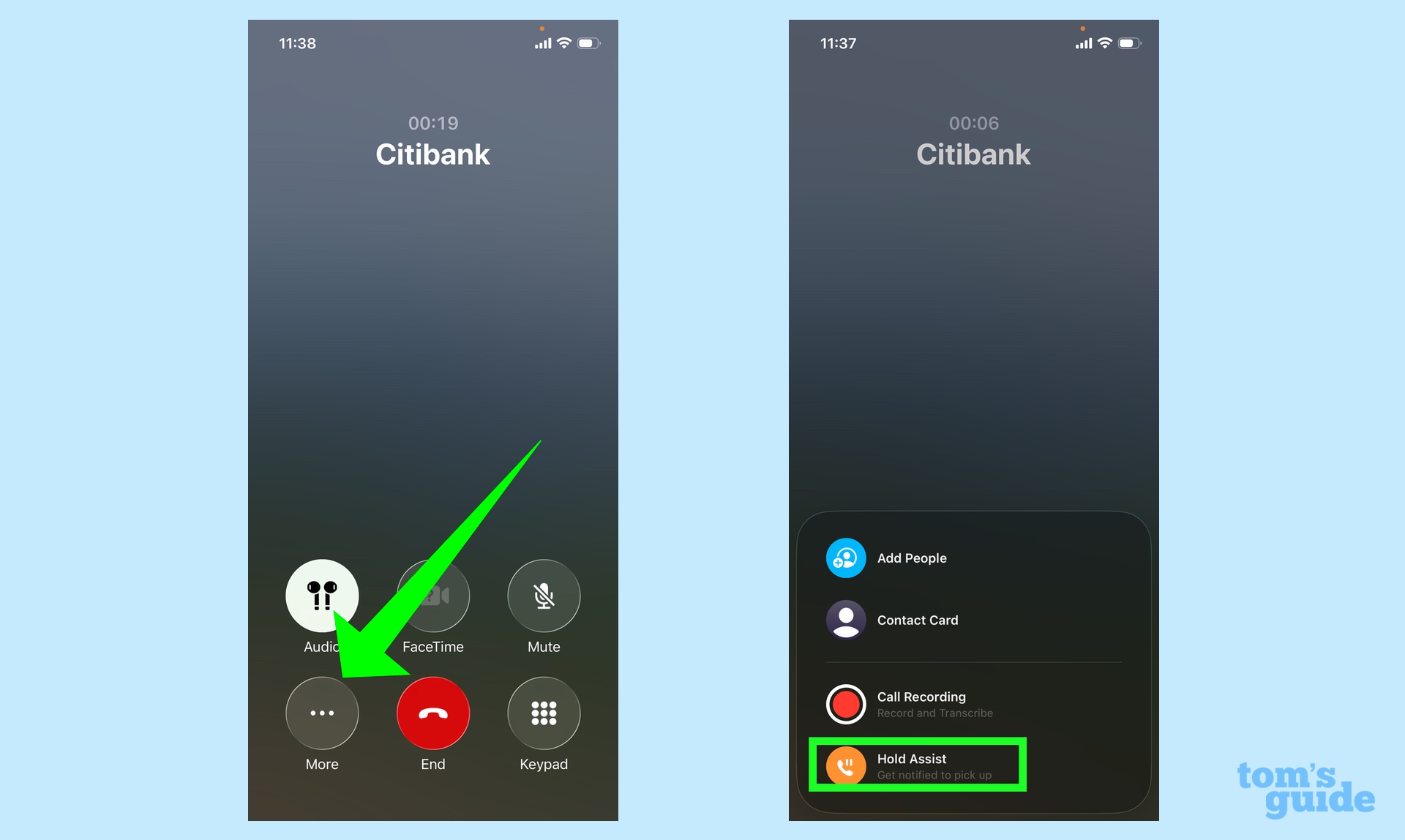 accessing hold assist from the Phone app's More menu