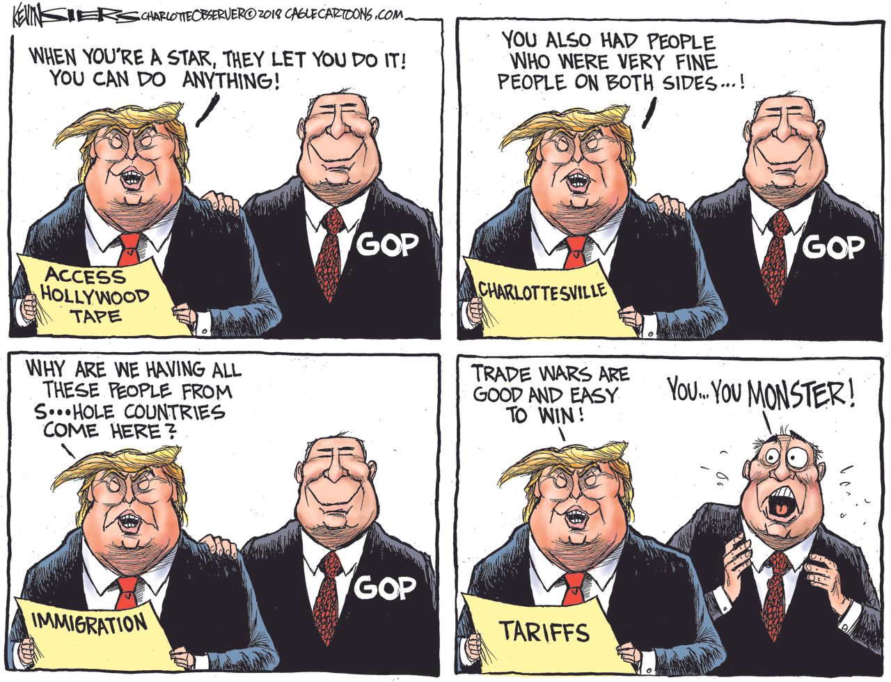 Political cartoon U.S. Trump trade war tariffs GOP loyalty