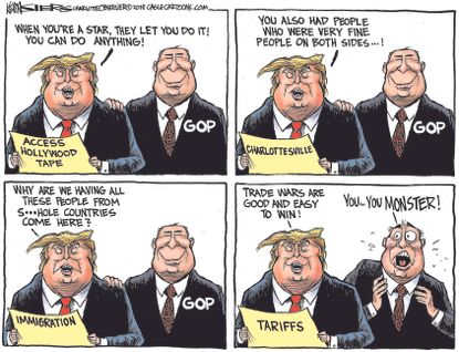 Political cartoon U.S. Trump trade war tariffs GOP loyalty