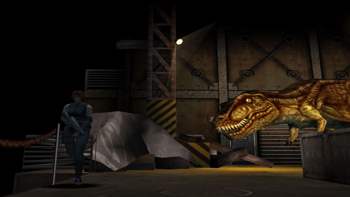 In-game screenshot of Regina running from a T-Rex in Dino Crisis