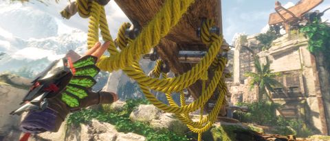 PSVR 2 Horizon Call of the Mountain; a hand reaches for a rope