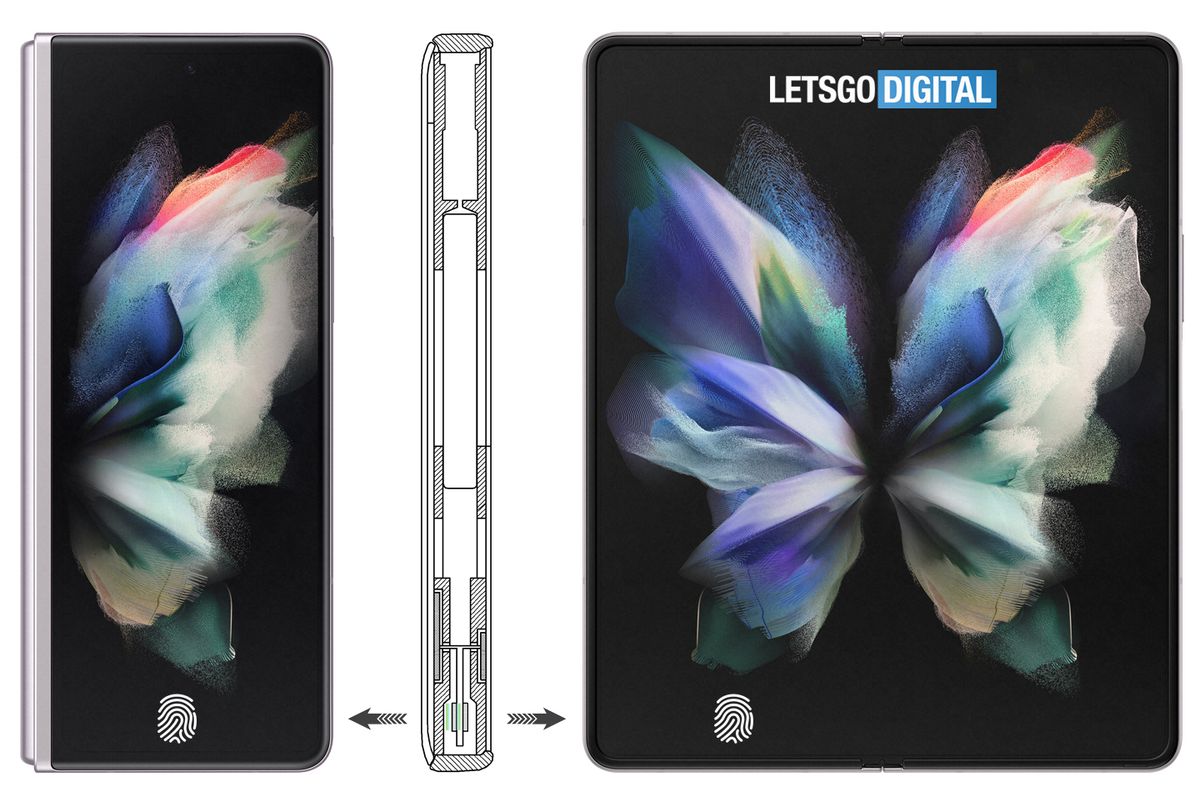 An illustration of Samsung&#039;s patent for a dual-sided fingerprint sensor, showing active zones on the front and inside displays of a Galaxy Z Fold-style foldable.