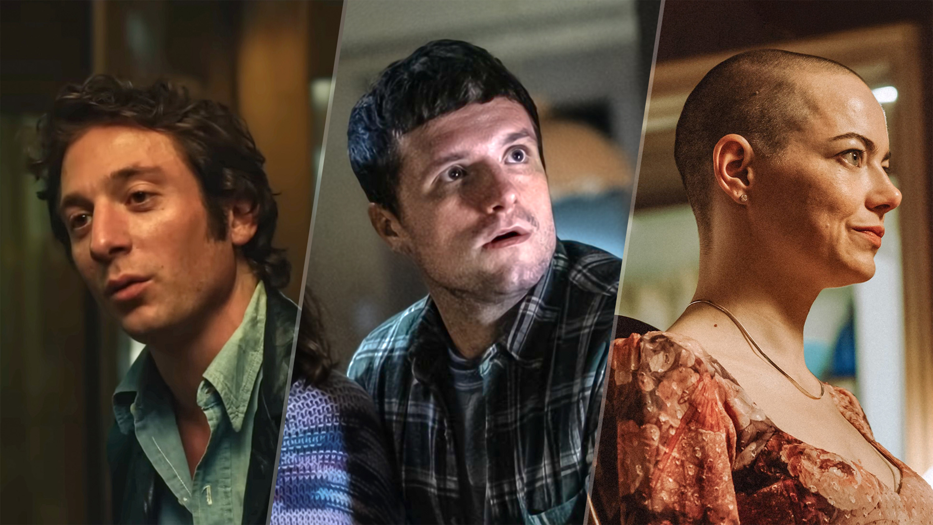 (L-R) Jeremy Allen White as Bruce Springsteen in "Springsteen: Deliver Me from Nowhere," Josh Hutcherson as Mike Schmidt in "Five Nights at Freddys 2" and Emma Stone as Michelle Fuller in "Bugonia"