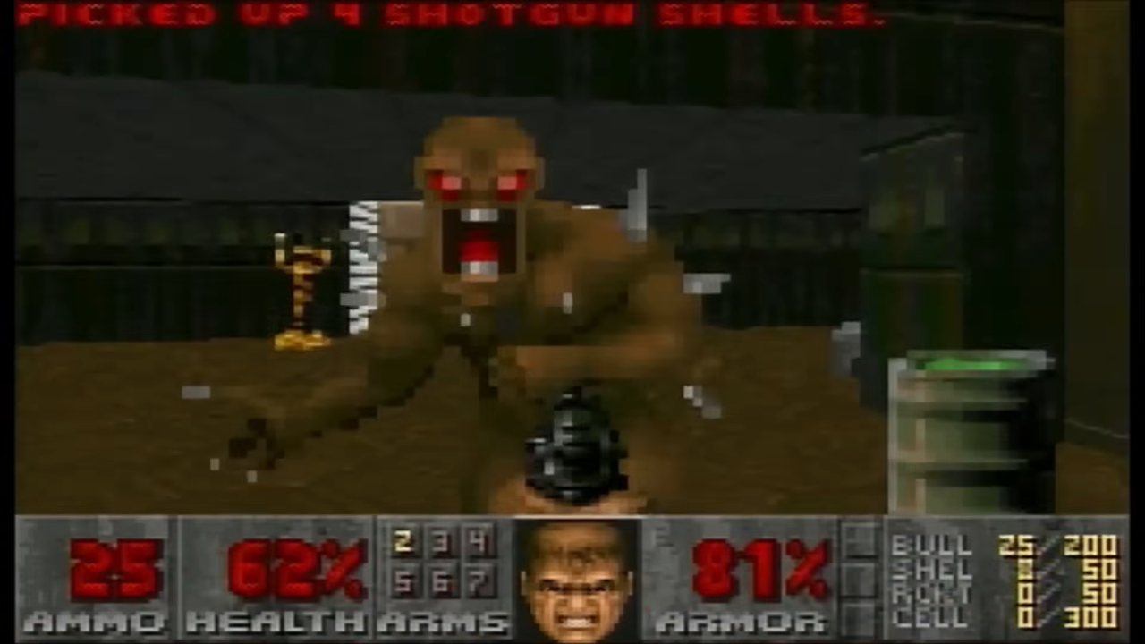Casio Loopy port of DOOM with player pointing gun at demon.