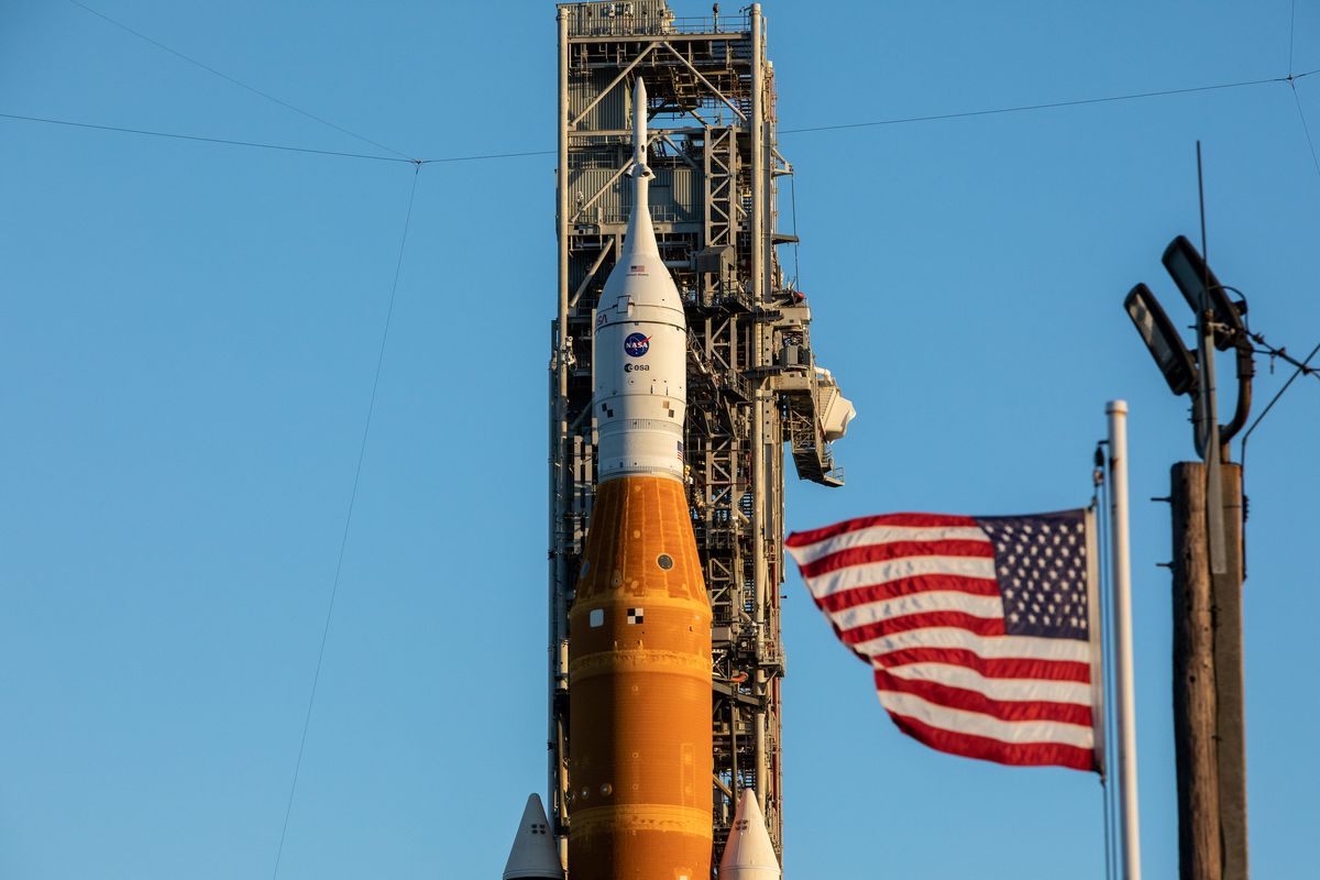 NASA&#039;s Orion capsule and Space Launch System rocket arrive at Kennedy Space Center&#039;s Pad 39B on Nov. 4, 2022. 