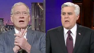 David Letterman in a gray pinstripe suit and tie on the set of The Late Show (2011), Jay Leno in a dark suit and purple tie on the set of The Tonight Show (2012).