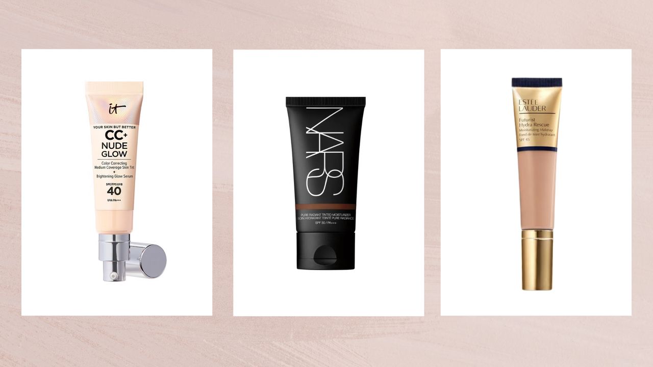 Collage of three of the best foundations with SPF featured in this guide from IT Cosmetics, NARS and Estee Lauder against a dusky pink watercolour background 