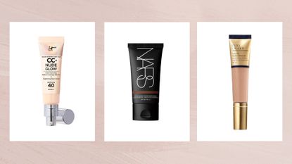 Collage of three of the best foundations with SPF featured in this guide from IT Cosmetics, NARS and Estee Lauder against a dusky pink watercolour background 