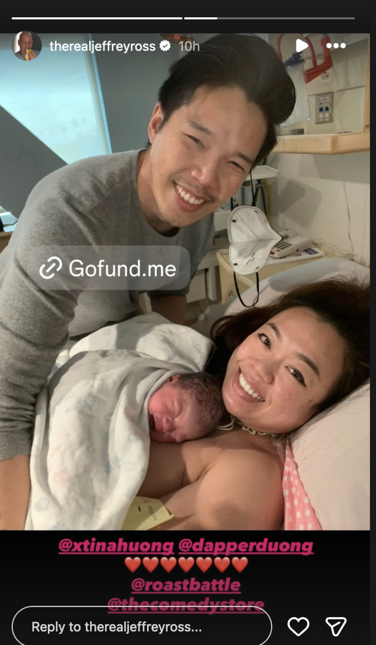 Jeff Ross sharing GoFundMe for Alex Duong alongside picture of Duong, his wife Christina, and their daughter.
