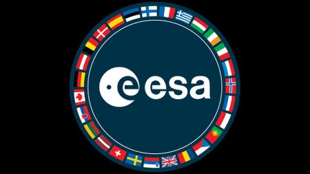 A circular blue patch is surrounded by world flags around its circumference while in the middle in white letters is "esa" all lowercase.