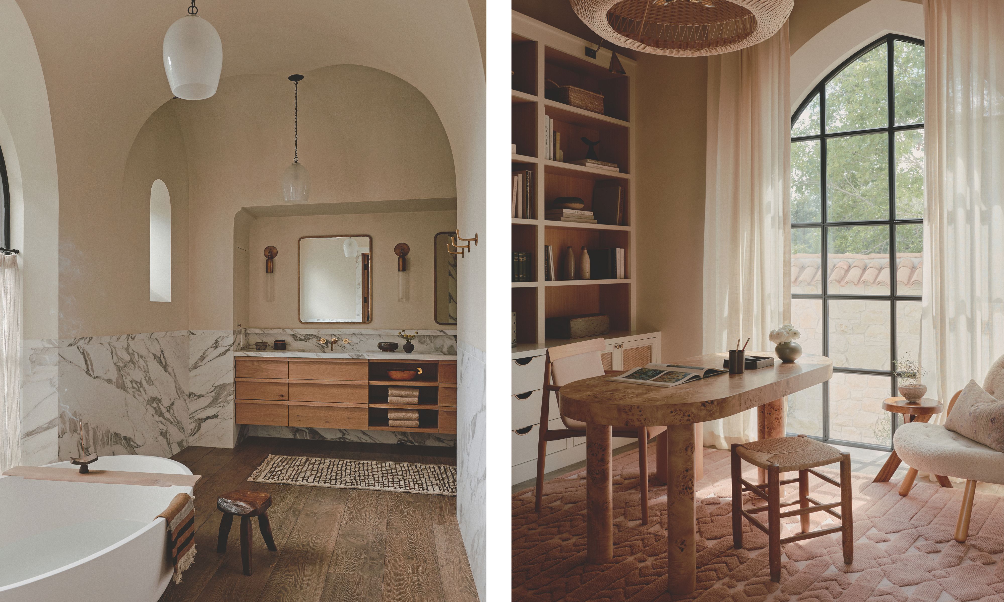 Left image: bathroom with plaster walls and marbled half way up. There is a wooden vanity on the far side and two glass pendant lights. Right image: a neutral cozy home office with built in wooden shelves and a burl wood desk in the middle
