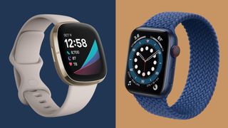 Cream Fitbit Sense and blue Apple Watch 7