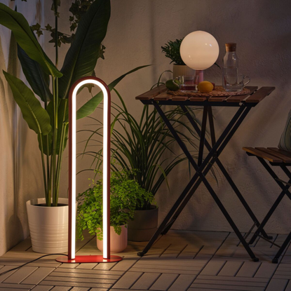 IKEA SOLVINDEN Floor Lamp on a garden patio.