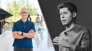Tim Cook of Apple and Sam Altman of OpenAI in a split image