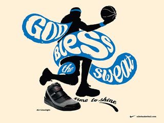 A black silhouette of a basketball player with a Nike Trainer and the words "God Bless the sweat".