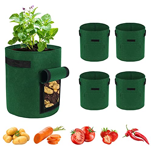 Ohiyoo 5 Pack Potato Grow Bags, 10 Gallon Vegetable Growing Bags With Window Flap and Handles, Breathable Felt Nonwoven Fabric Growing Bag for Tomatoes, Garden Flower Pots Plant Planting Containers