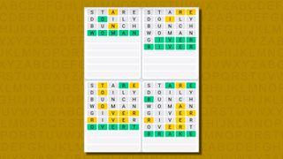 Quordle daily sequence answers for game 643 on a yellow background
