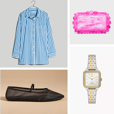 product collage of madewell button down striped shirt, jeffrey campbell mesh flats, fossil two-tone watch, cult gaia pink clutch