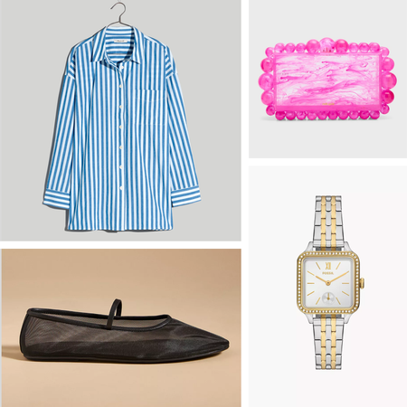 product collage of madewell button down striped shirt, jeffrey campbell mesh flats, fossil two-tone watch, cult gaia pink clutch