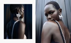 Model wears gold and silver bow-shaped jewellery by Self-Portrait