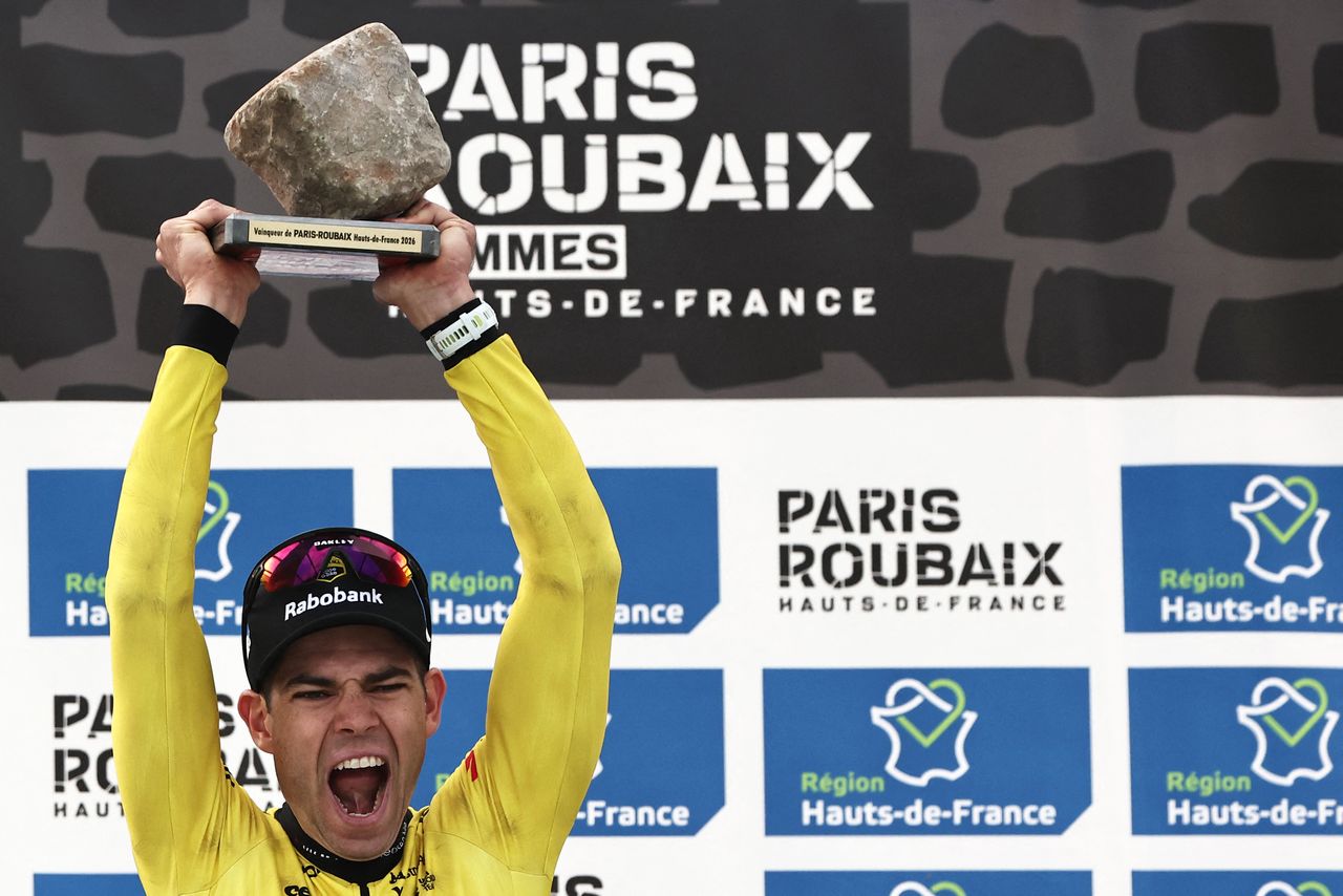 Wout van Aert celebrates on the podium of the 123rd edition of Paris-Roubaix 