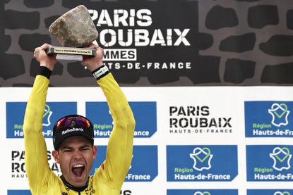 Wout van Aert celebrates on the podium of the 123rd edition of Paris-Roubaix 
