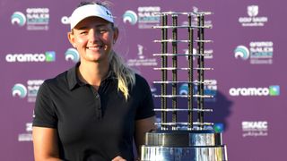 Emily Kristine Pedersen with the Aramco Saudi Ladies International trophy after her 2020 win