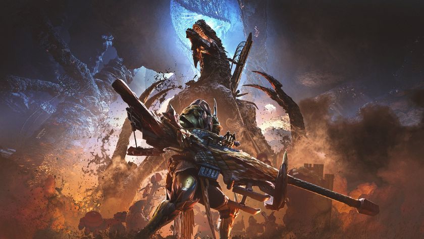 Promotional artwork for Monster Hunter Wilds&#039; 4th Title Update featuring the giant Elder Dragon, Gogmazios