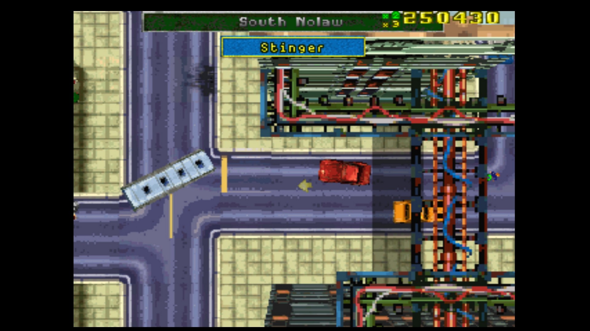 The player drives under overhanging structures in GTA on PS1