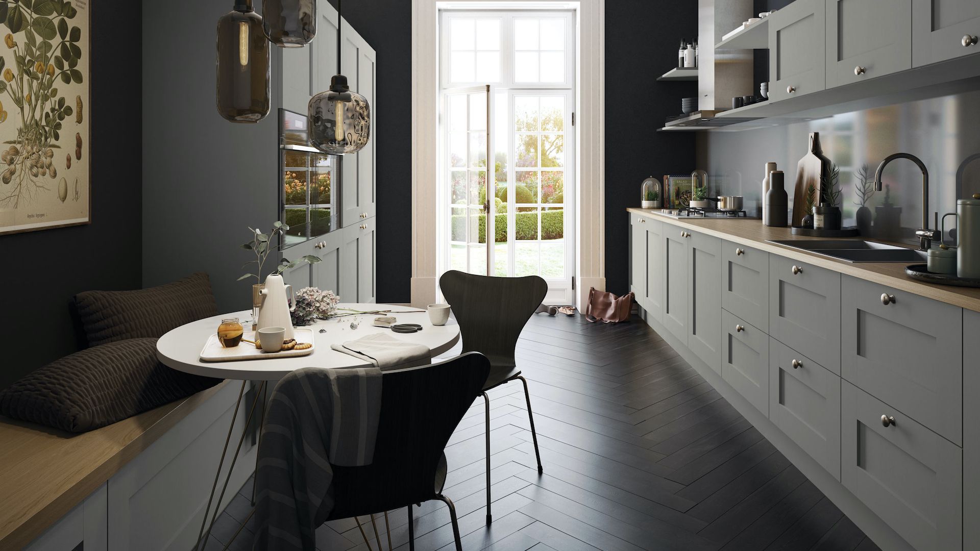 black galley kitchen with smart storage
