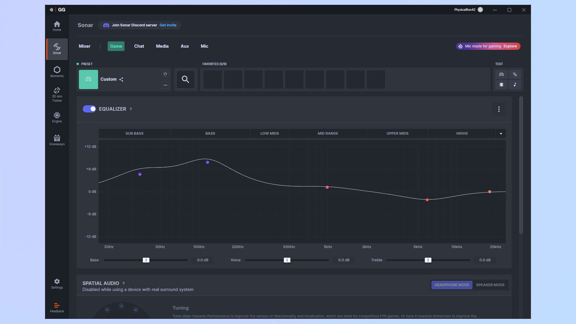 A screenshot of the SteelSeries GG app showing the EQ being adjusted