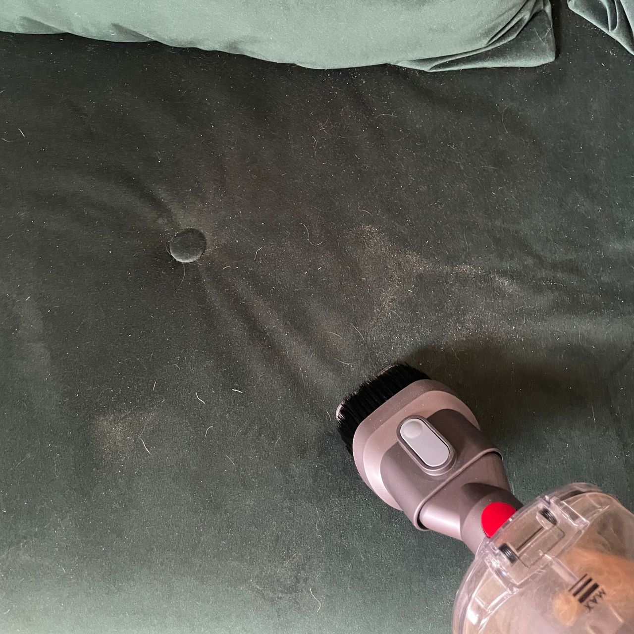 Using the crevice tool on a green velvet sofa bed covered in hair