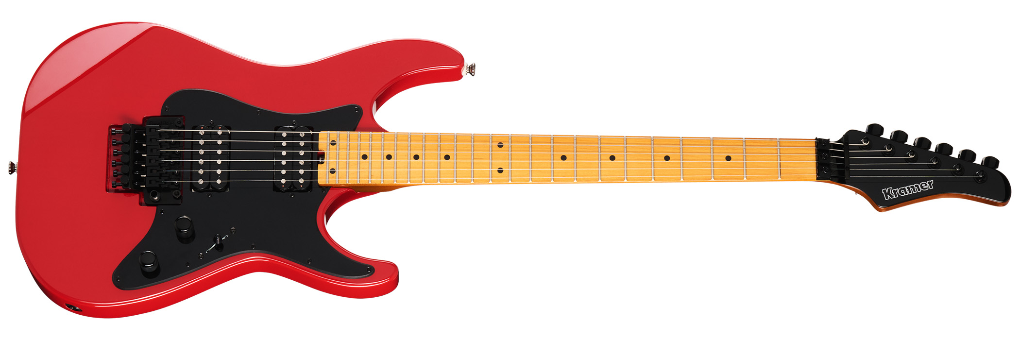 The Kramer Volante is offered with the choice of a AAAA quilted maple veneer or plain top, but features a newly engineered neck joint, Gibson USA-designed pickups, an elliptical C profile neck and Floyd Rose vibrato as standard.
