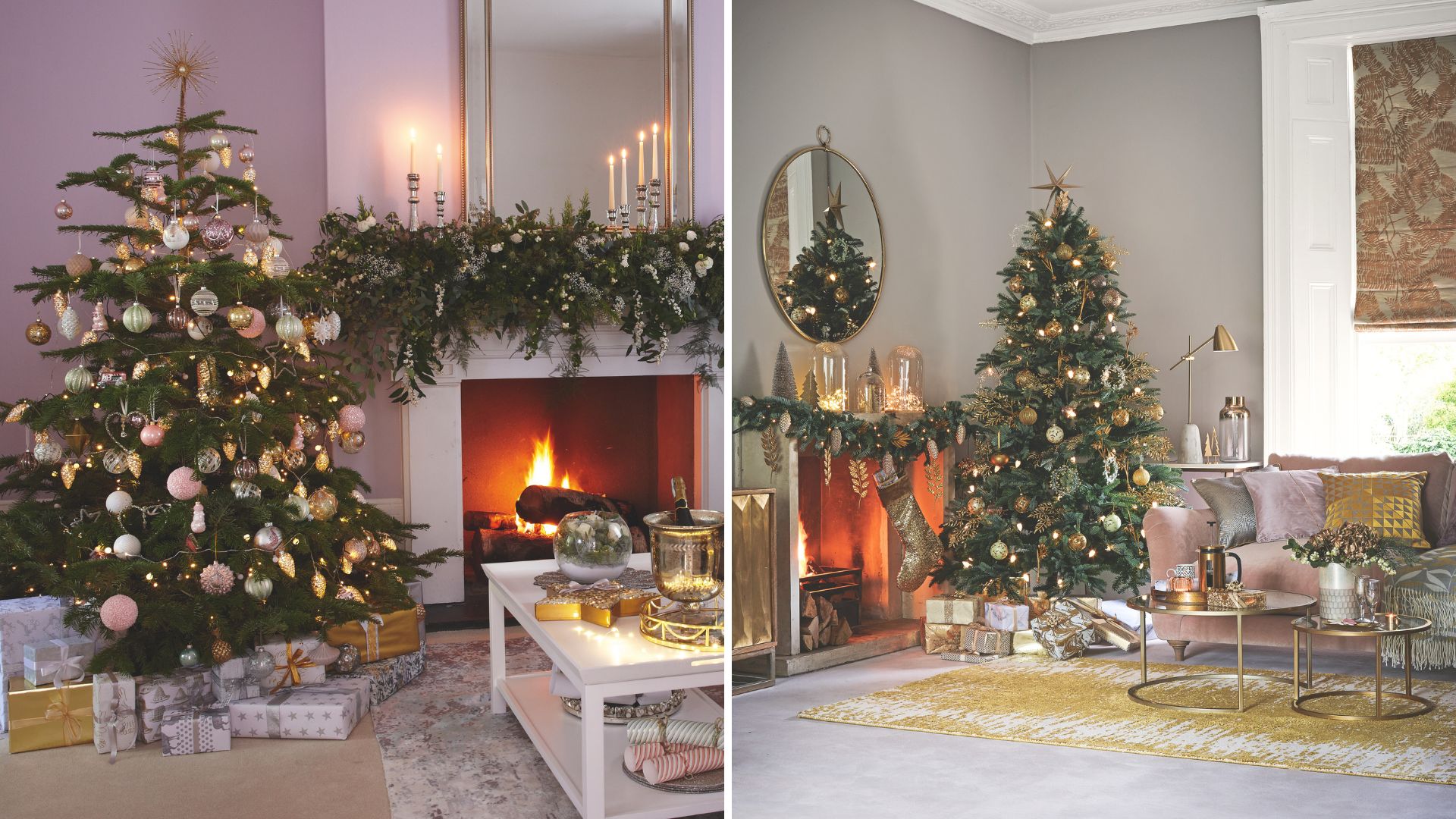 split image showing gold and pink Christmas tree decoration inspiration