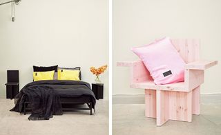Left: Double bed with plain black bedding and two yellow pillowcases. Right: pink pine chair with matching pink cushion
