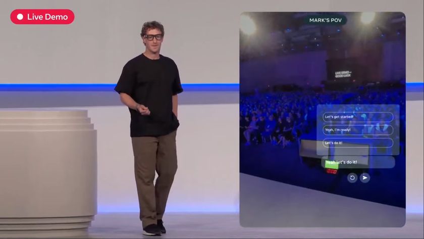 A screenshot from a live demo of Meta&#039;s Ray-Ban smart glasses, with Mark Zuckerberg on stage