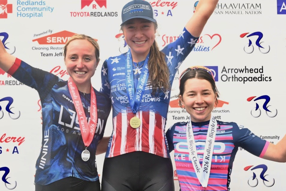 Katherine Sarkisov (right) finished third on stage 5 and stands on the podium