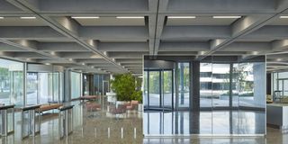 large open plan interior with views out at Roche office by Christ & Gantenbein