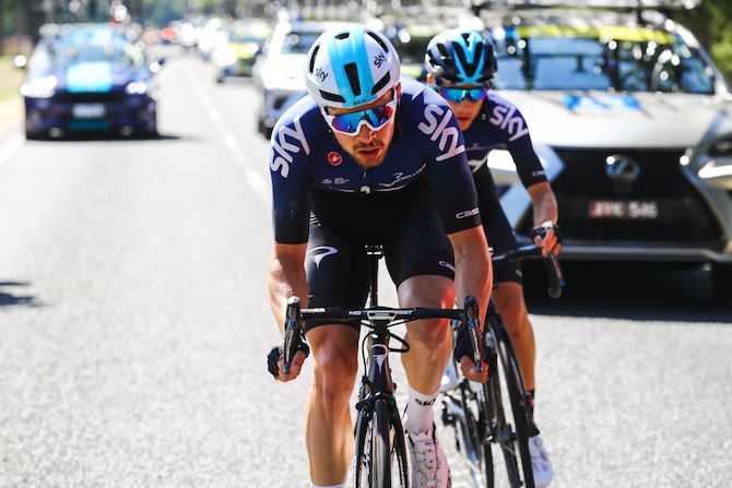 Eventual stage winner Owain Doull leads Sky teammate Kenny Elissonde on stage 4 of the 2019 Herald Sun Tour