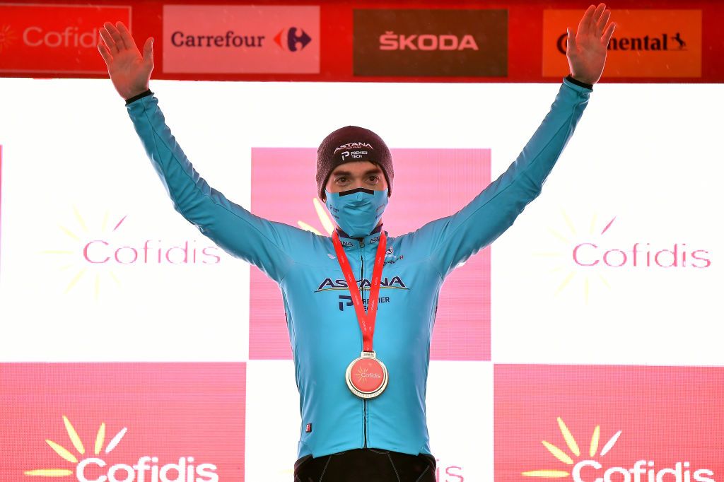 SALLENT DE GLLEGO SPAIN OCTOBER 25 Podium Ion Izagirre Insausti of Spain and Astana Pro Team Celebration Trophy during the 75th Tour of Spain 2020 Stage 6 a 1464km stage from Biescas to Sallent de Gllego Aramn Formigal 1790m lavuelta LaVuelta20 La Vuelta on October 25 2020 in Sallent de Gllego Spain Photo by Justin SetterfieldGetty Images