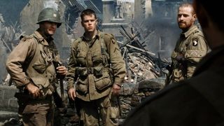 A still from the movie Saving Private Ryan of soldiers in war zone