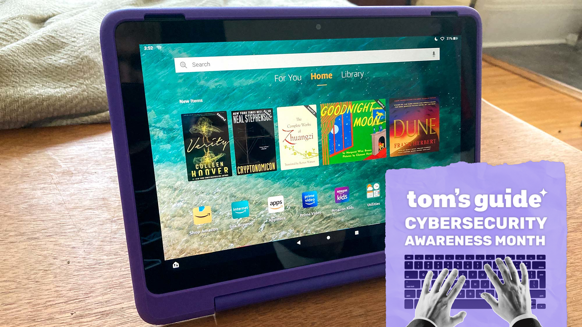 An Amazon Fire HD 10 Kids Pro tablet with a Tom's Guide Cybersecurity Awareness Month badge