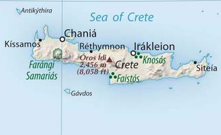 The Palace of Knossos (Knosós) is near the modern-day city of Heraklion (Irákleion) on the island of Crete.