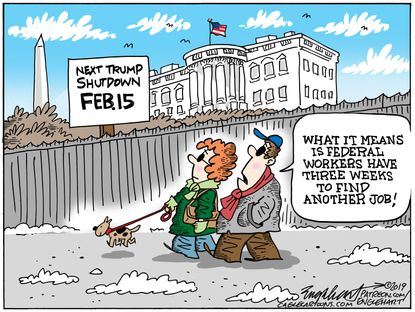 Political Cartoon U.S. White House Trump February government shutdown federal workers