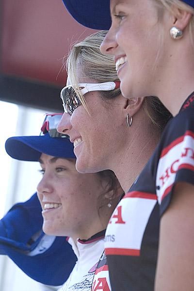 The women's podium (l-r): Chloe Hosking (3rd,MB Cycles), Rochelle Gilmore (1st, Honda), and Peta Mullens (2nd,Honda).