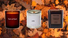 Three Nordstrom candles from Tom Ford, East of Earl and Mala the Brand, on a leafy autumn background